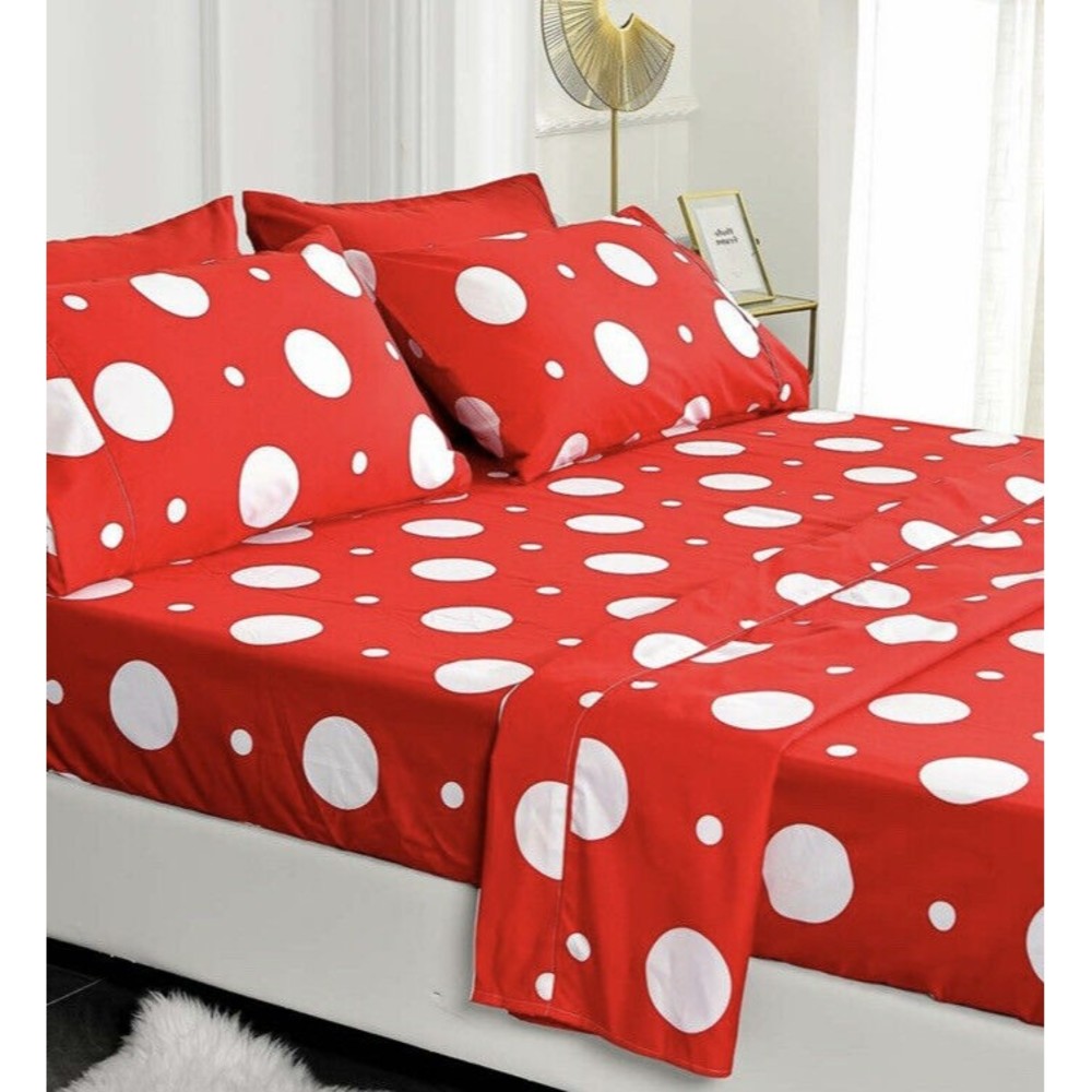 American Home Collection 6PC Queen  Sheet Set Red With White Polka Dots New